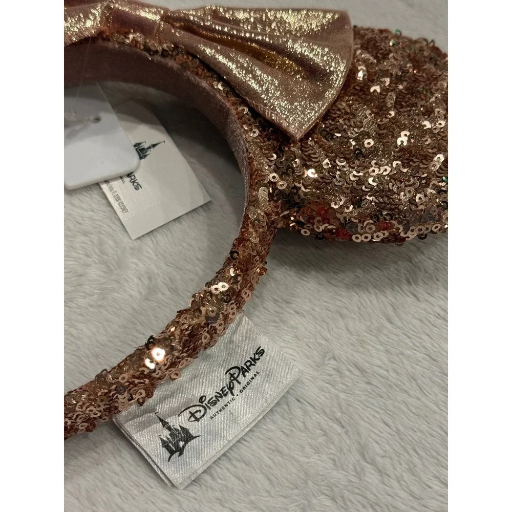 Disney Parks Minnie‎ Mouse Rose Gold Sequin Ear Headband Metallic Bow NWT
